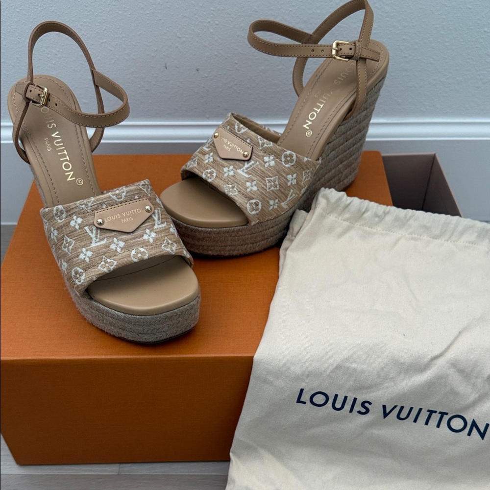 Louis Vuitton Beige Monogram Wedge Sandals